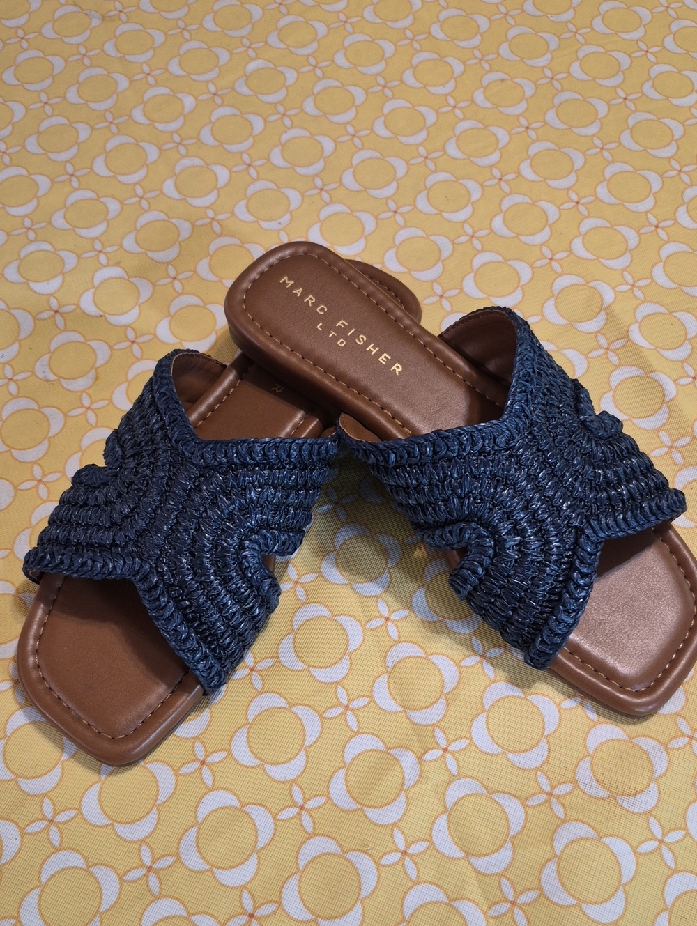 Marc Fisher Navy Braided Slide Sandals with Brown Footbed